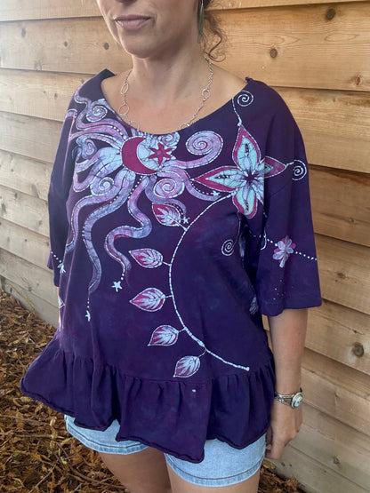 Midnight Flower Moon and Star Batik Shirt – Handmade Peplum Top - Size Large
