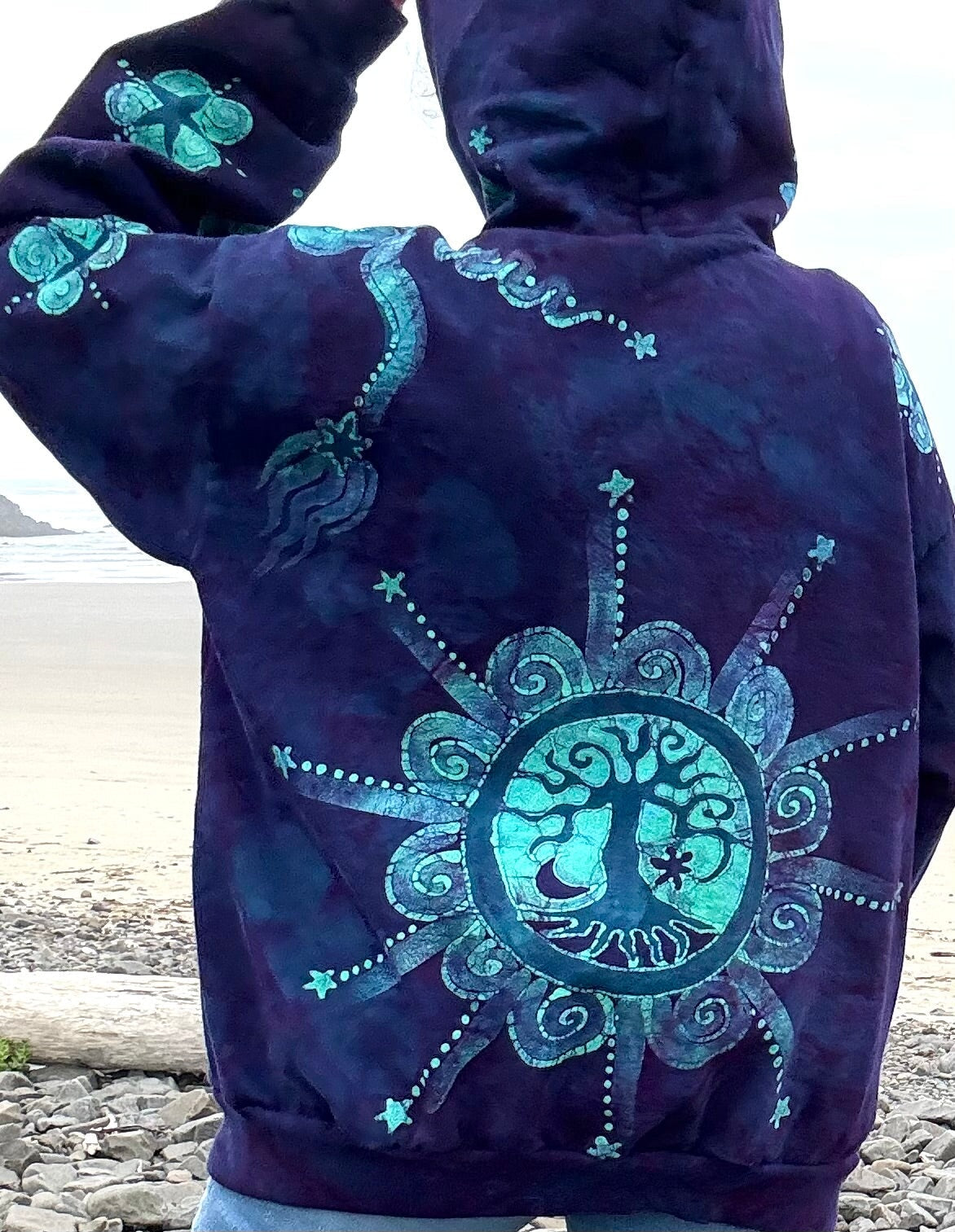 Deep Purple Tree of Life Handcrafted Batik Zipper Hoodie - Unisex Size hoodie batikwalla Large 
