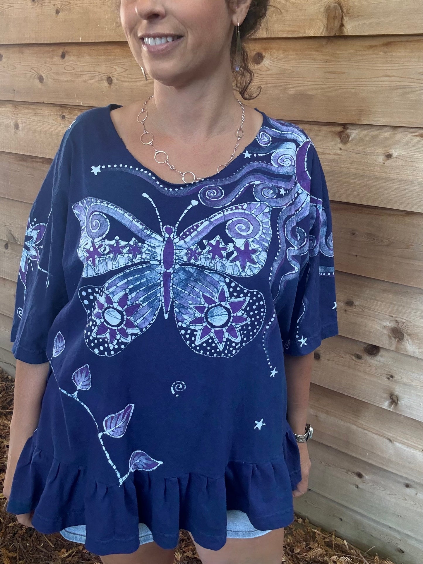 Blue Butterfly Batik Shirt – Handmade Peplum Top with Purple Moons and Stars - Plus Size XL
