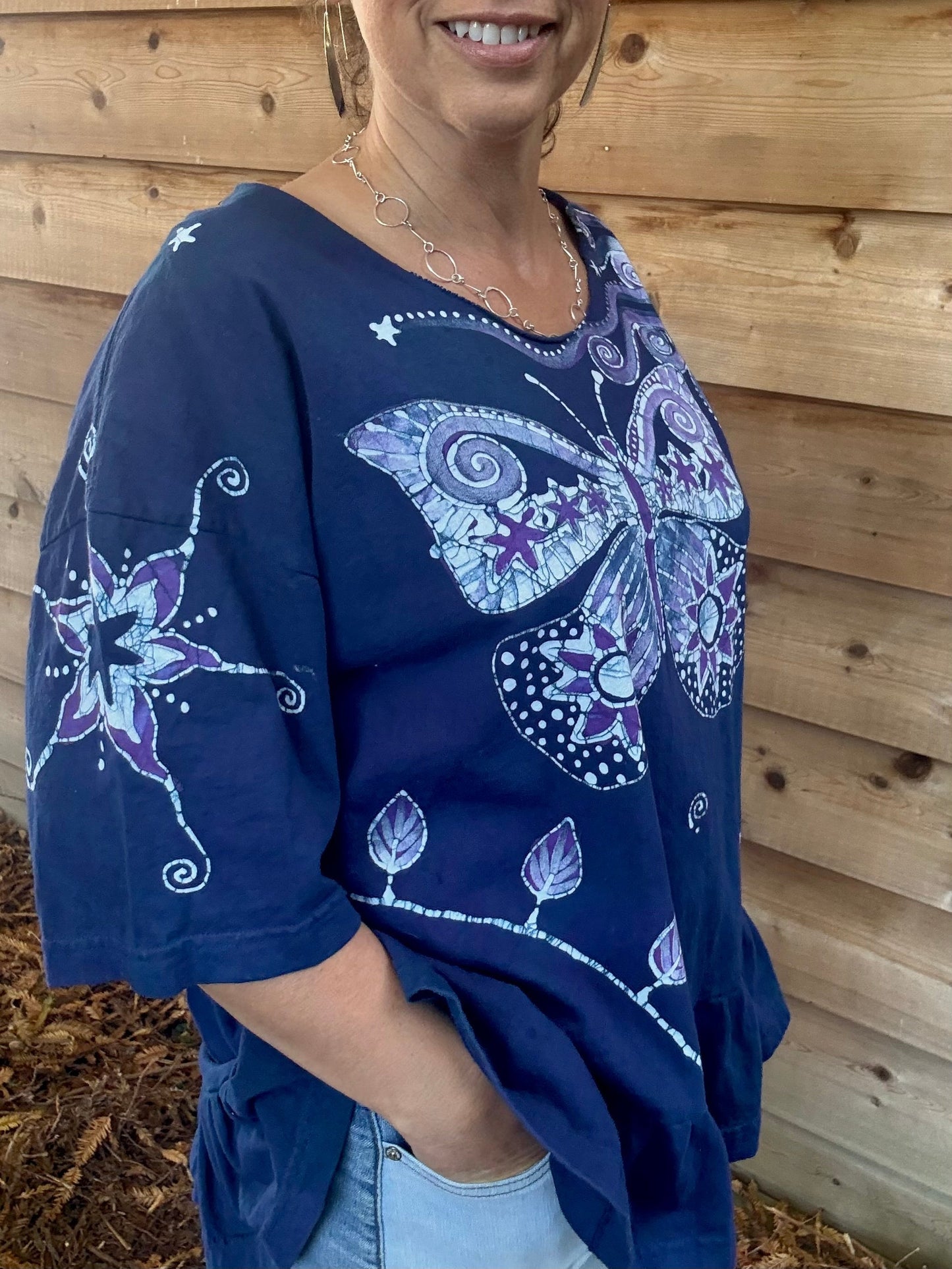 Blue Butterfly Batik Shirt – Handmade Peplum Top with Purple Moons and Stars - Plus Size XL