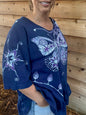 Blue Butterfly Batik Shirt – Handmade Peplum Top with Purple Moons and Stars - Plus Size XL