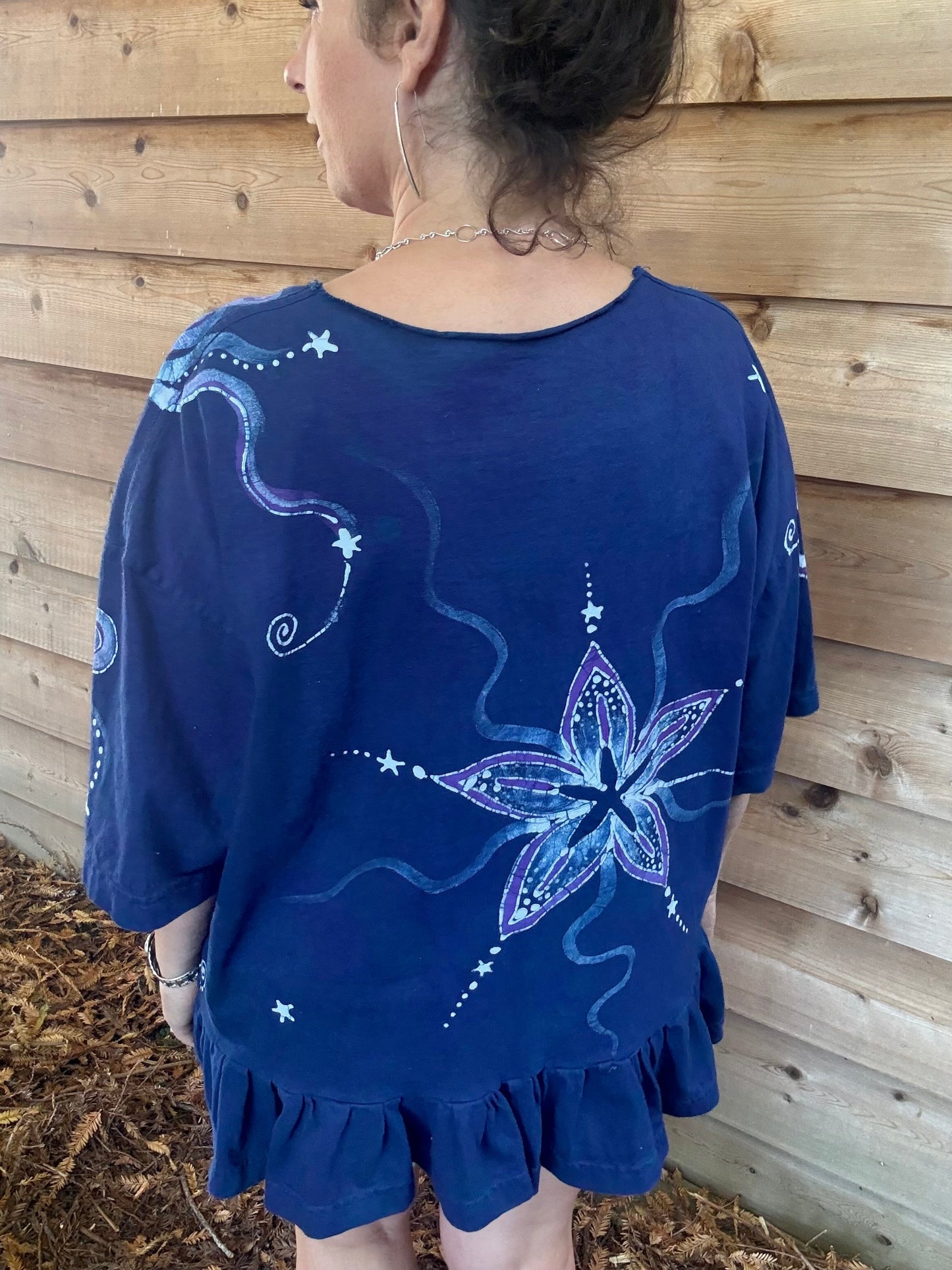 Blue Butterfly Batik Shirt – Handmade Peplum Top with Purple Moons and Stars - Plus Size XL