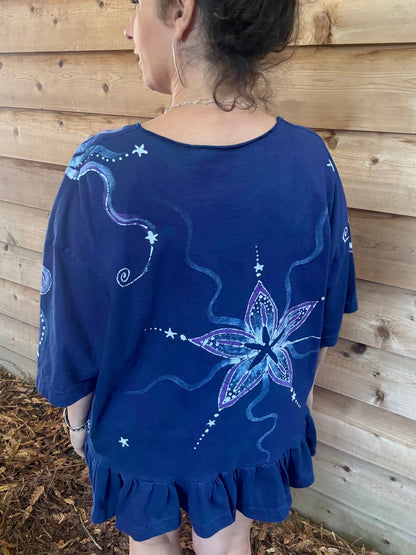 Blue Butterfly Batik Shirt – Handmade Peplum Top with Purple Moons and Stars - Plus Size XL