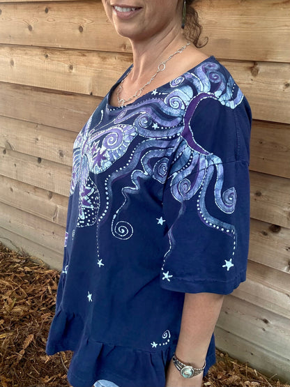 Blue Butterfly Batik Shirt – Handmade Peplum Top with Purple Moons and Stars - Plus Size XL