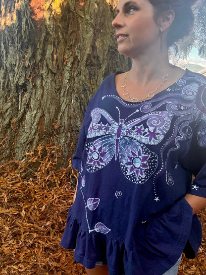 Blue Butterfly Batik Shirt – Handmade Peplum Top with Purple Moons and Stars - Plus Size XL