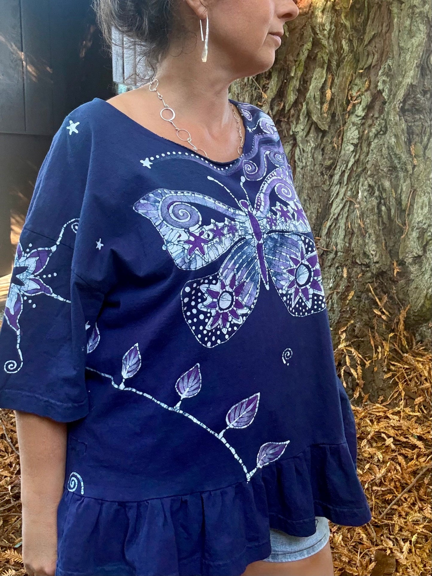 Blue Butterfly Batik Shirt – Handmade Peplum Top with Purple Moons and Stars - Plus Size XL