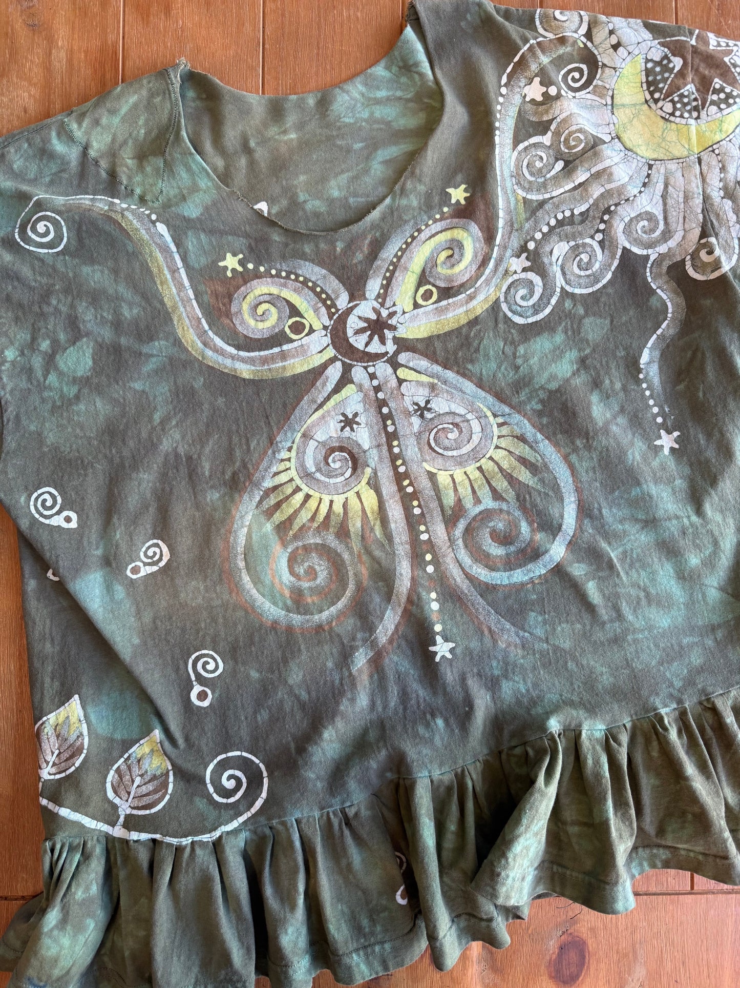 Butterfly Garden Batik Shirt – Handmade Green Peplum Top with Golden Florals - Plus Sizes Batikwalla by Victoria 