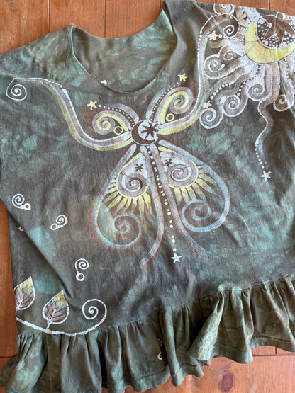 Butterfly Garden Batik Shirt – Handmade Green Peplum Top with Golden Florals - Plus Sizes Batikwalla by Victoria 