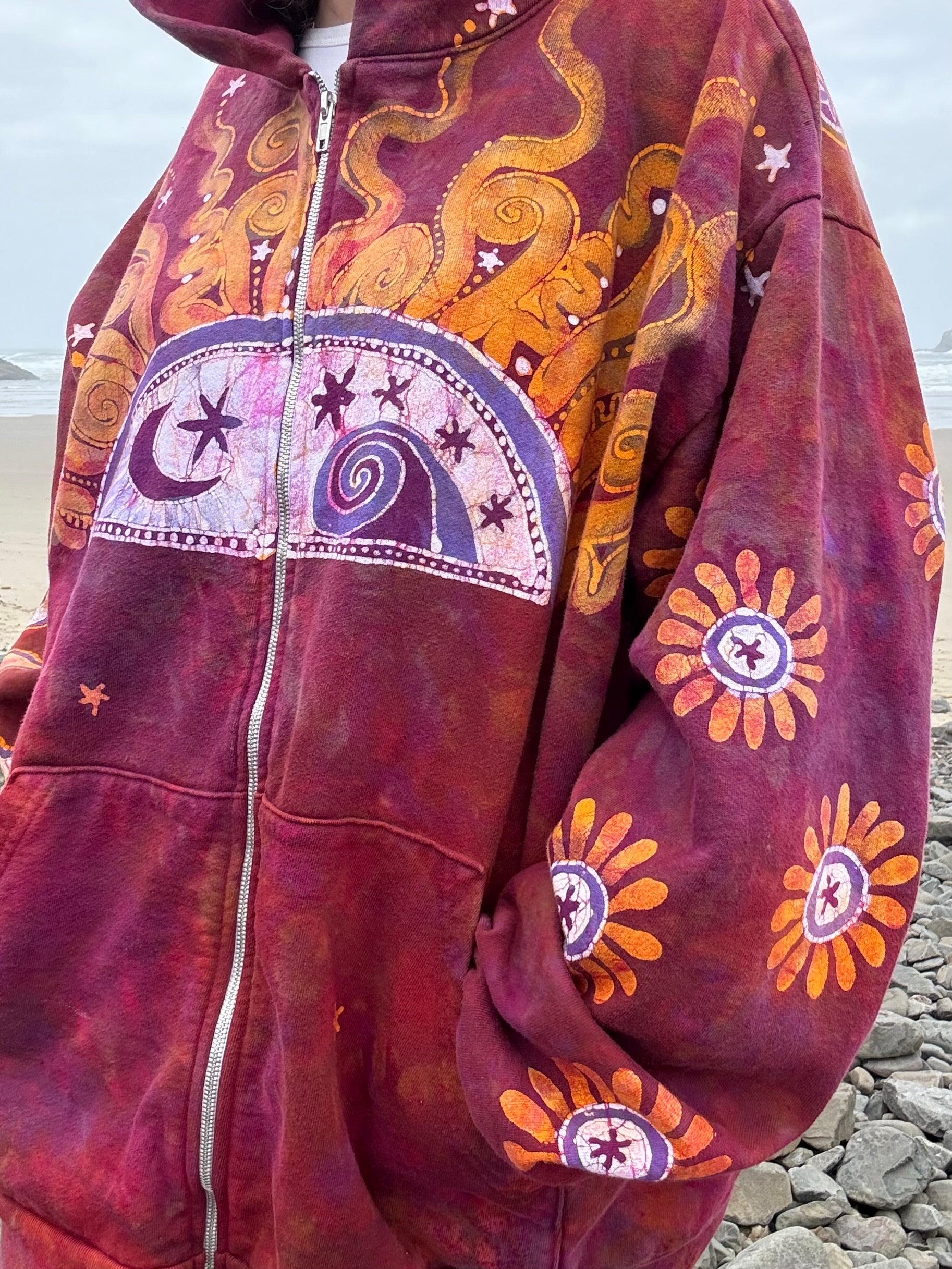 Red Cinnamon Sunset Handcrafted Batik Zipper Hoodie - Unisex size 2X hoodie batikwalla 