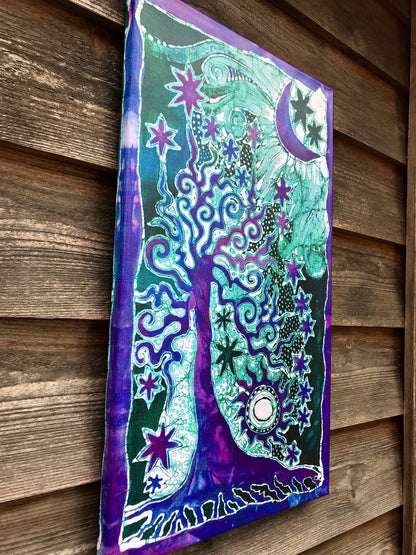 Teal Tree Canvas Giclée Batik Print - With Purple Iridescent Highlights art batikwalla 
