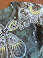 Butterfly Garden Batik Shirt – Handmade Green Peplum Top with Golden Florals - Plus Sizes Batikwalla by Victoria Large 