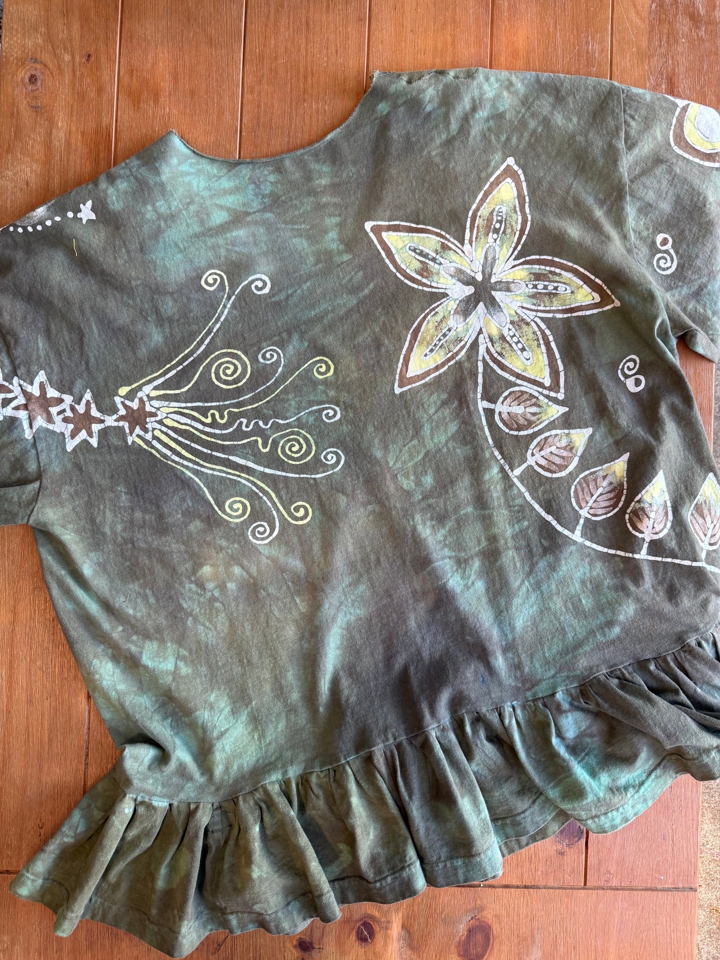 Butterfly Garden Batik Shirt – Handmade Green Peplum Top with Golden Florals - Plus Sizes Batikwalla by Victoria 