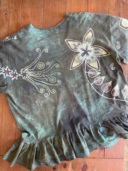 Butterfly Garden Batik Shirt – Handmade Green Peplum Top with Golden Florals - Plus Sizes Batikwalla by Victoria 