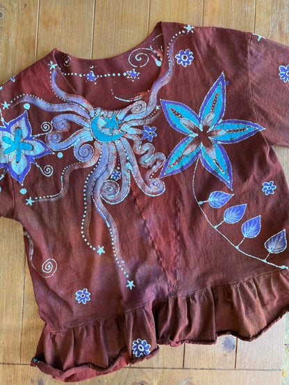 Red Moon Stars Batik Shirt – Handmade Peplum Top with Turquoise and Purple - Plus Size XL Batikwalla by Victoria 