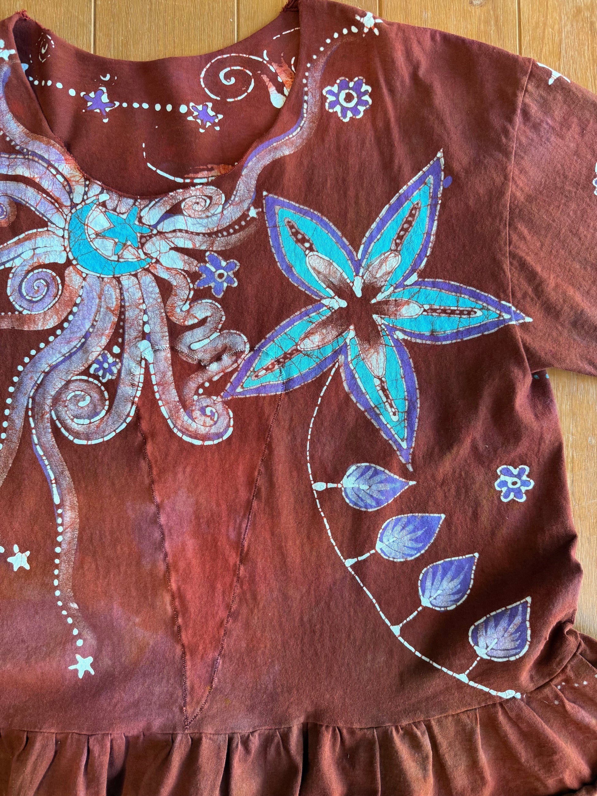 Red Moon Stars Batik Shirt – Handmade Peplum Top with Turquoise and Purple - Plus Size XL Batikwalla by Victoria XL 
