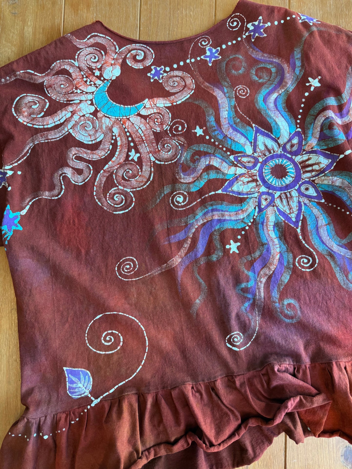 Red Moon Stars Batik Shirt – Handmade Peplum Top with Turquoise and Purple - Plus Size XL Batikwalla by Victoria 