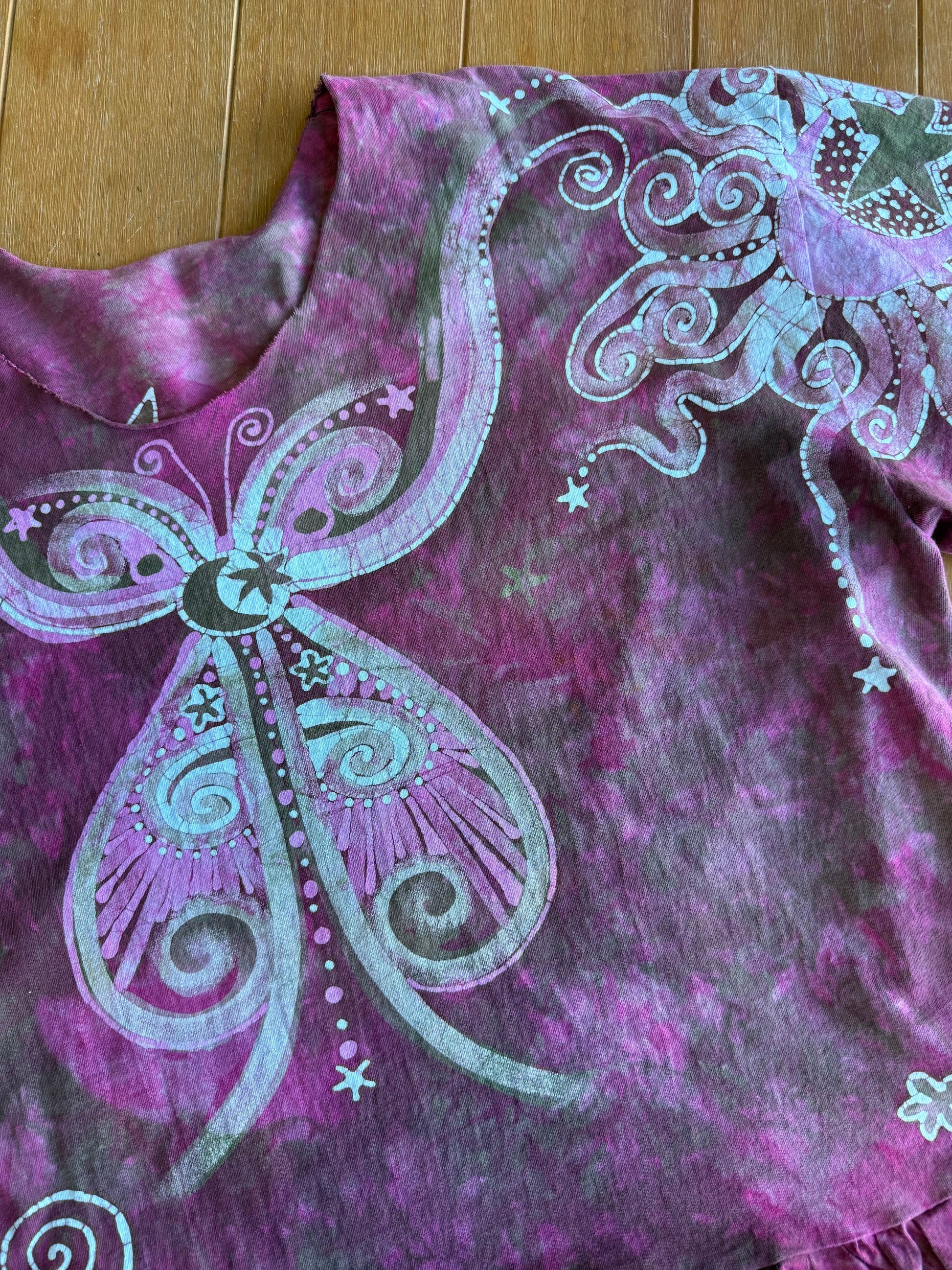 Pink Garden Butterfly Batik Shirt – Handmade Pink Peplum Top with Sage Moon - Size 2X ONLY Batikwalla by Victoria 