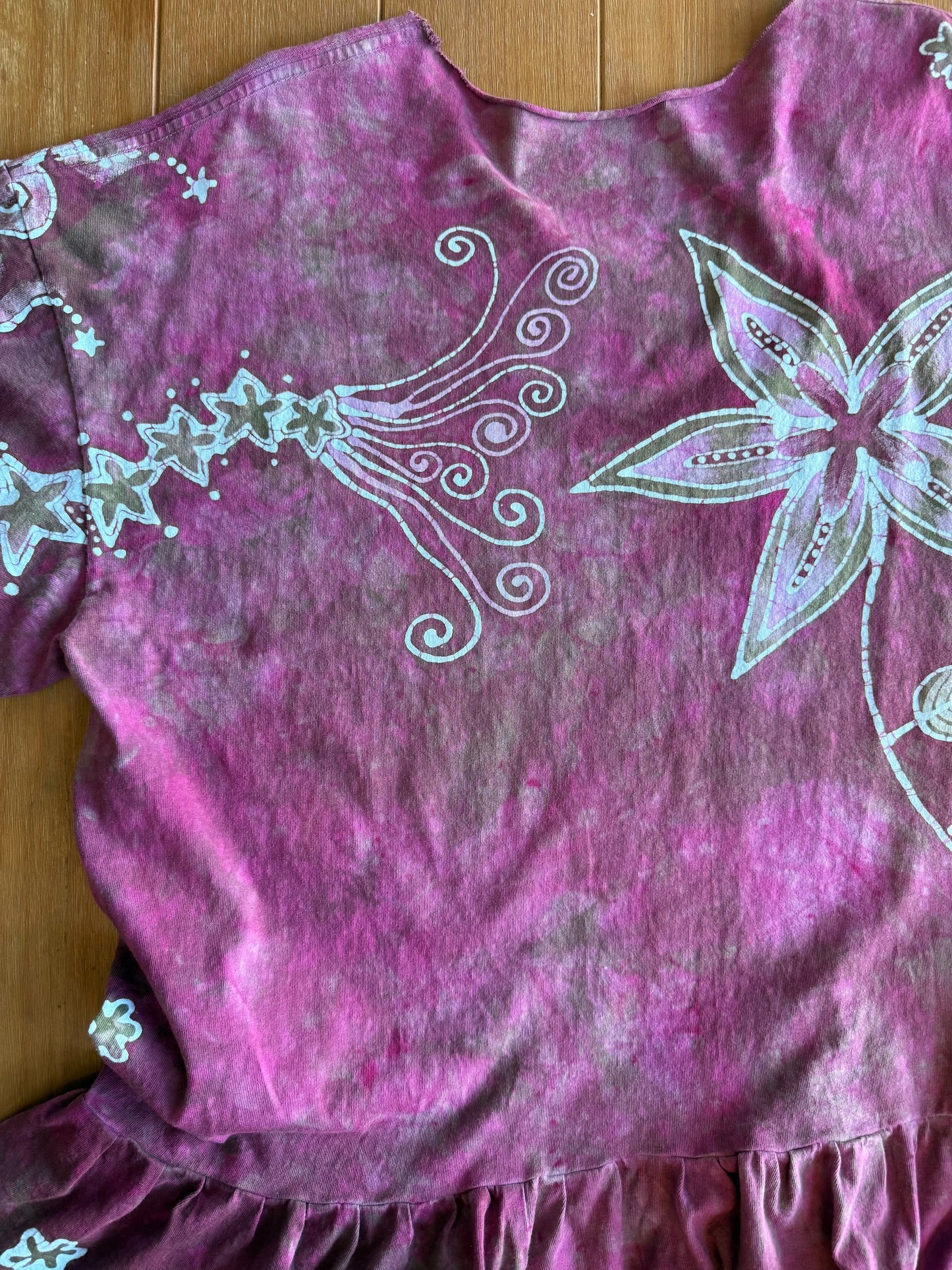 Pink Garden Butterfly Batik Shirt – Handmade Pink Peplum Top with Sage Moon - Size 2X ONLY Batikwalla by Victoria 