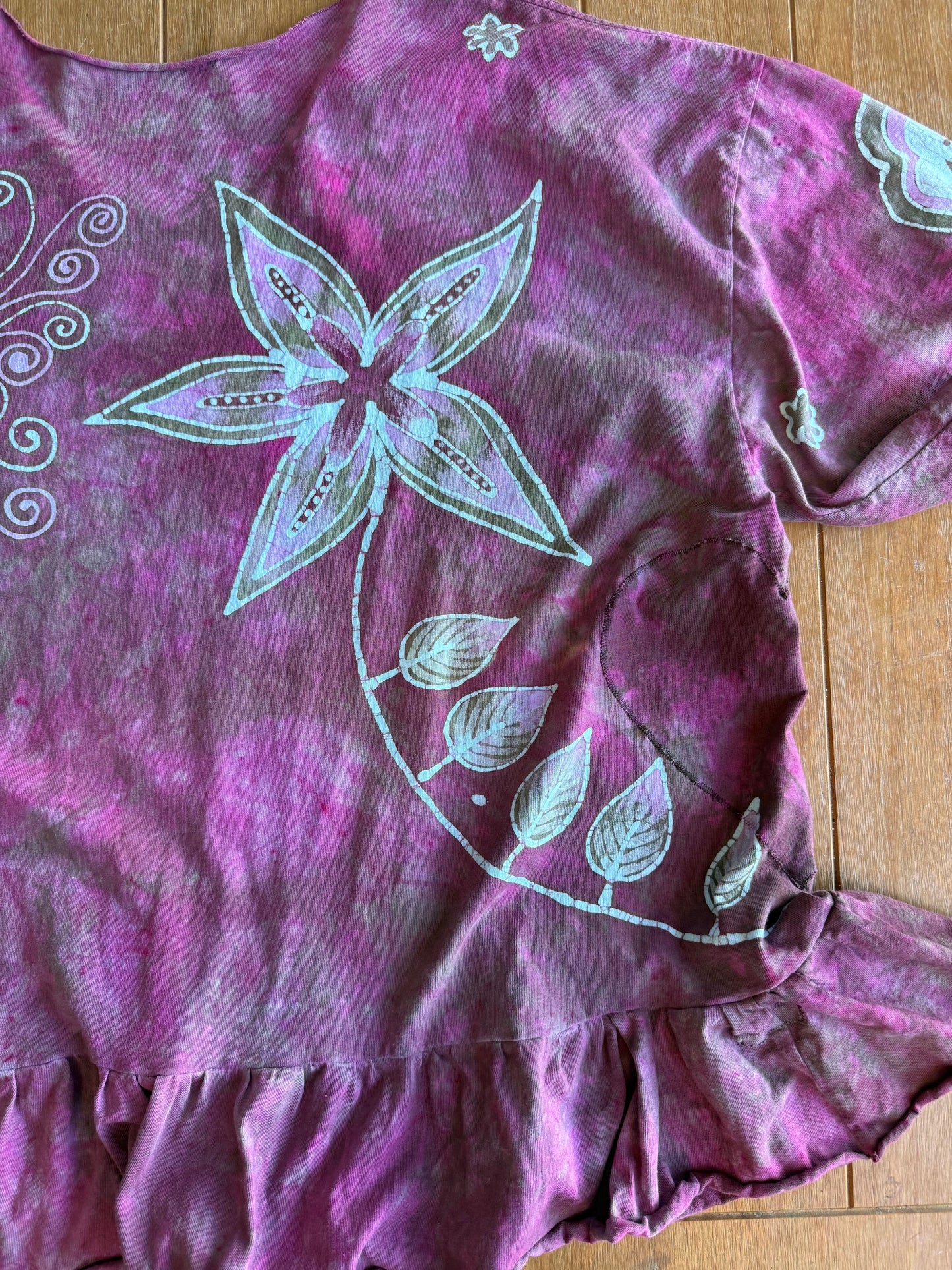 Pink Garden Butterfly Batik Shirt – Handmade Pink Peplum Top with Sage Moon - Size 2X ONLY Batikwalla by Victoria 