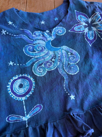 Flower Power Moon and Star Batik Shirt – Handmade Peplum Top - Size Small