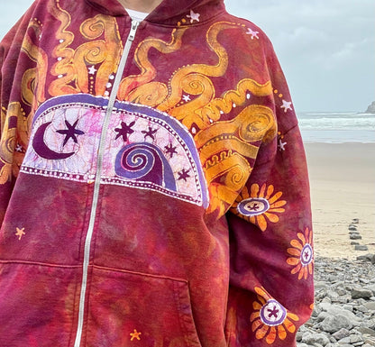 Red Cinnamon Sunset Handcrafted Batik Zipper Hoodie - Unisex size 2X hoodie batikwalla 