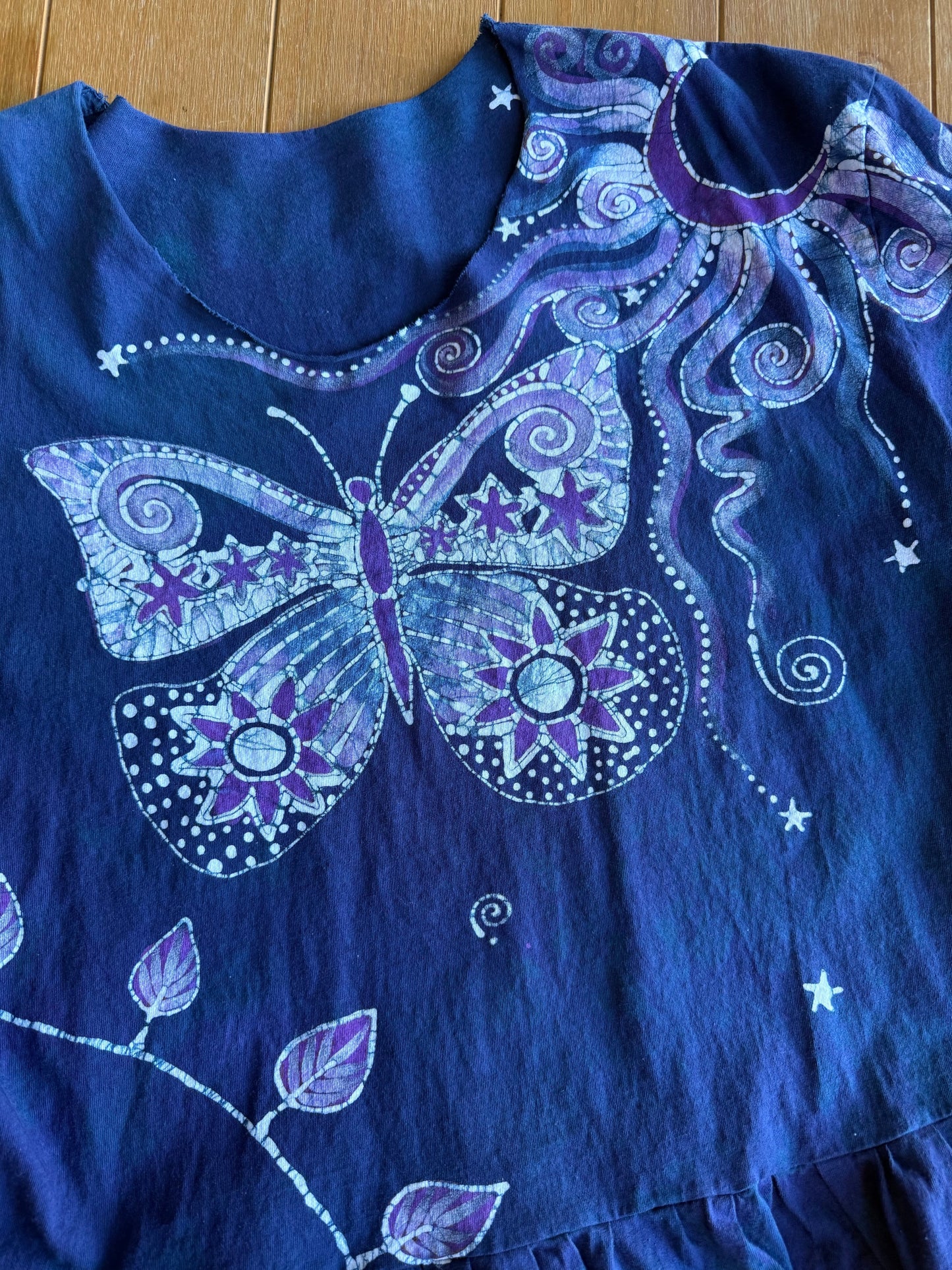 Blue Butterfly Batik Shirt – Handmade Peplum Top with Purple Moons and Stars - Plus Size XL