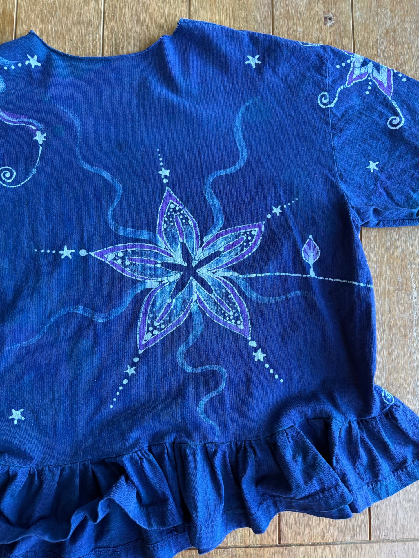 Blue Butterfly Batik Shirt – Handmade Peplum Top with Purple Moons and Stars - Plus Size XL