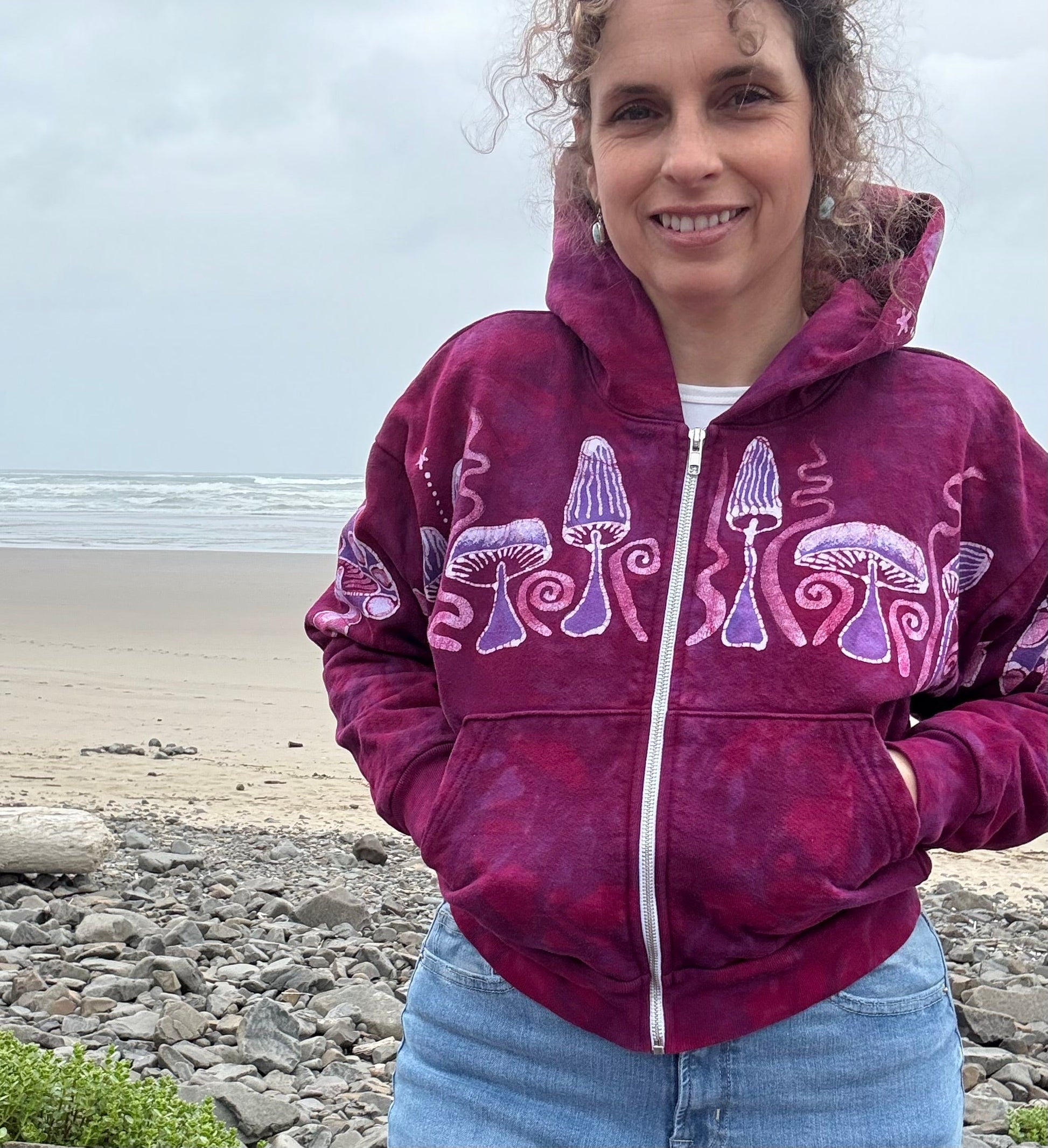 Cranberry Mushroom Swirl Hoodie – Handcrafted Batik Zip-Up in Hot Pink & Purple Batikwalla by Victoria 