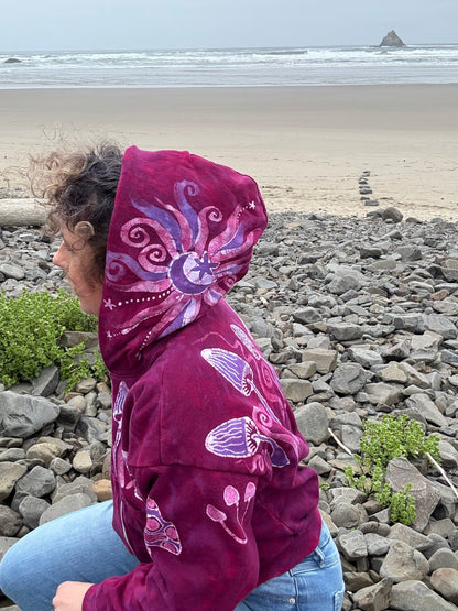 Berry Bright Mushroom Swirl Hoodie – Handcrafted Batik Zip-Up in Hot Pink & Purple Batikwalla by Victoria 