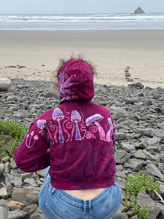 Berry Bright Mushroom Swirl Hoodie – Handcrafted Batik Zip-Up in Hot Pink & Purple Batikwalla by Victoria 