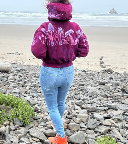 Berry Bright Mushroom Swirl Hoodie – Handcrafted Batik Zip-Up in Hot Pink & Purple Batikwalla by Victoria 