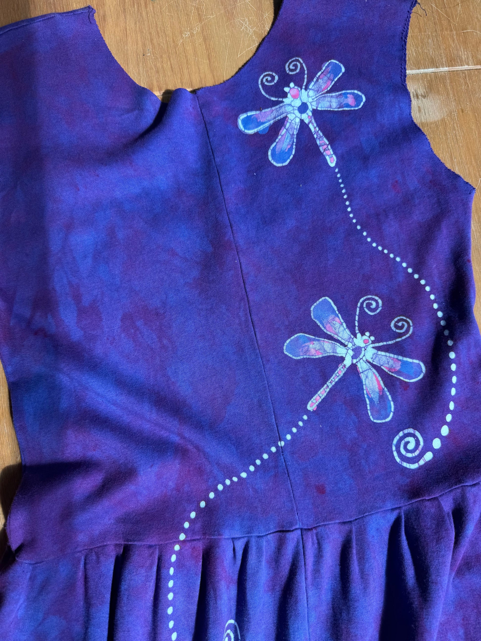 Rainbows and Dragonfly Purple Batik Dress - Handmade in Size Medium Batik Dresses Batikwalla 