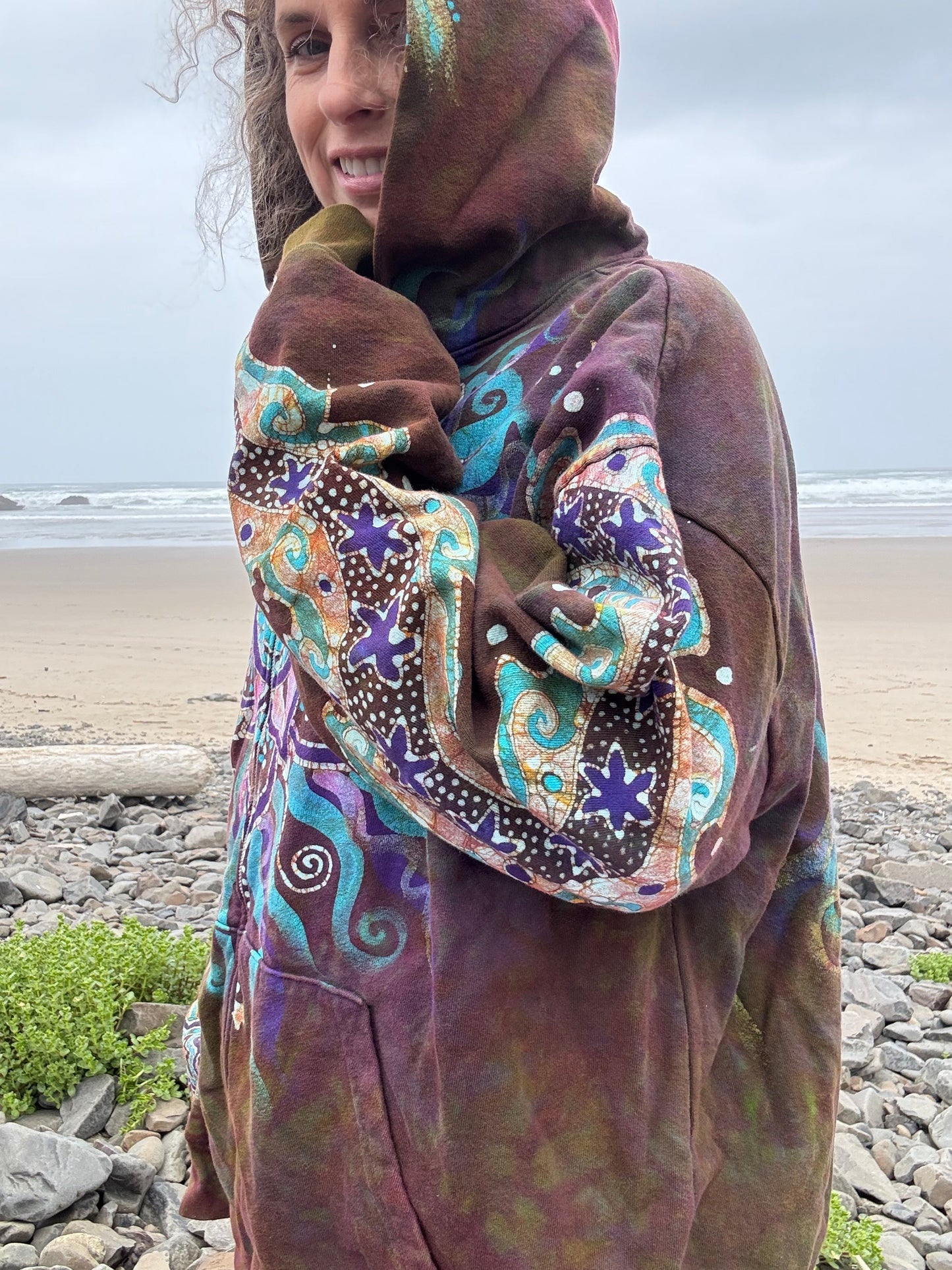 Dark Amber Sky Lotus Flower Handmade Batik Zipper Hoodie - Unisex Size 2X hoodie batikwalla 