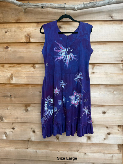 Rainbows and Dragonfly Purple Batik Dress with Pockets - Handmade in Size Large Batik Dresses Batikwalla 