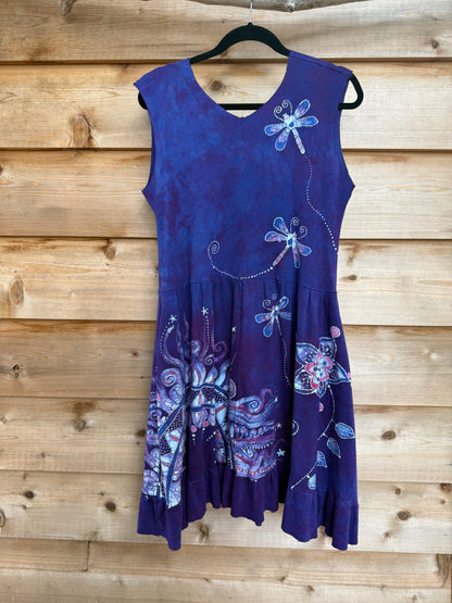 Rainbows and Dragonfly Purple Batik Dress with Pockets - Handmade in Size Large Batik Dresses Batikwalla 
