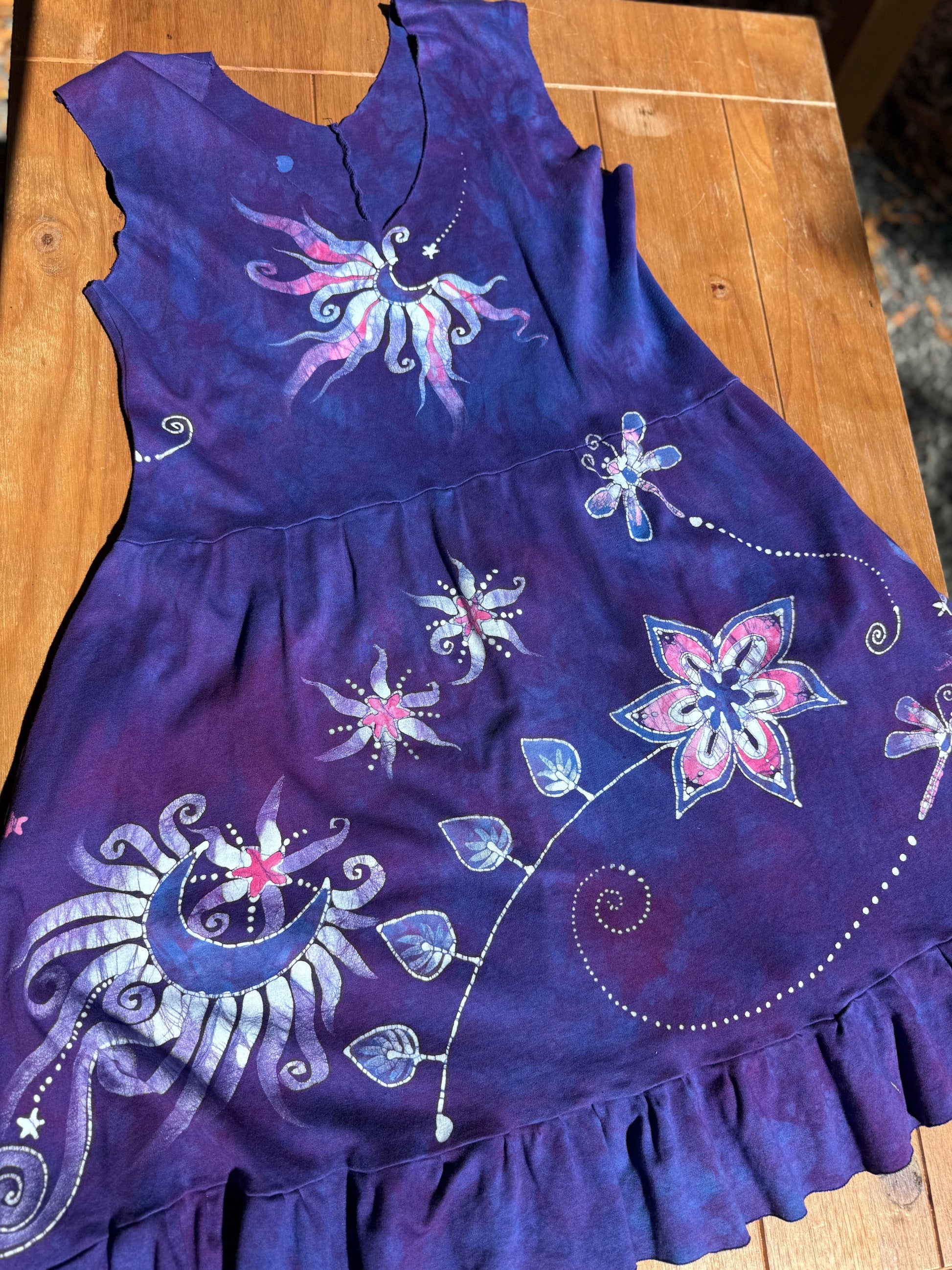 Rainbows and Dragonfly Purple Batik Dress with Pockets - Handmade in Size Large Batik Dresses Batikwalla Large 