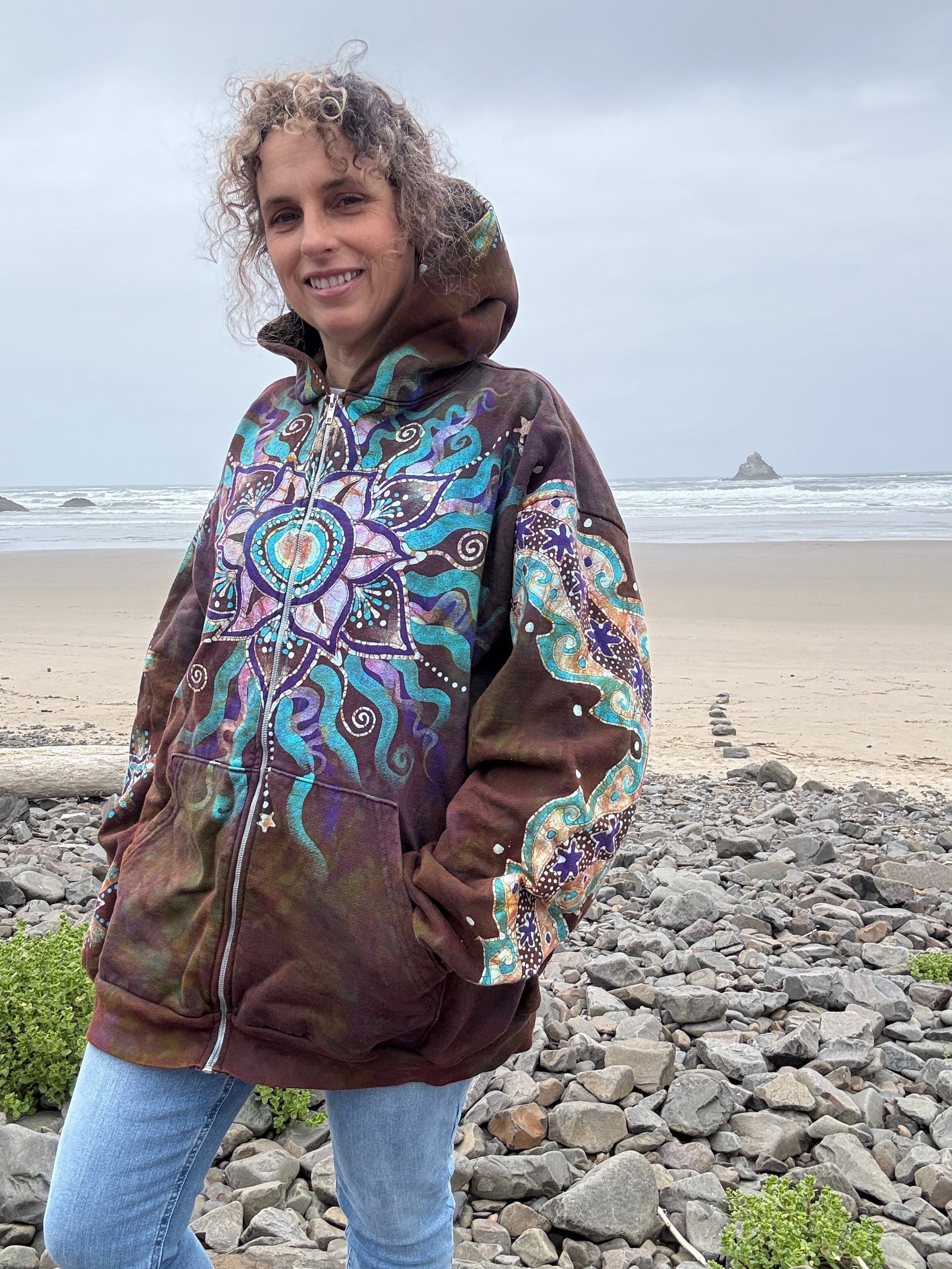 Dark Amber Sky Lotus Flower Handmade Batik Zipper Hoodie - Unisex Size 2X hoodie batikwalla 