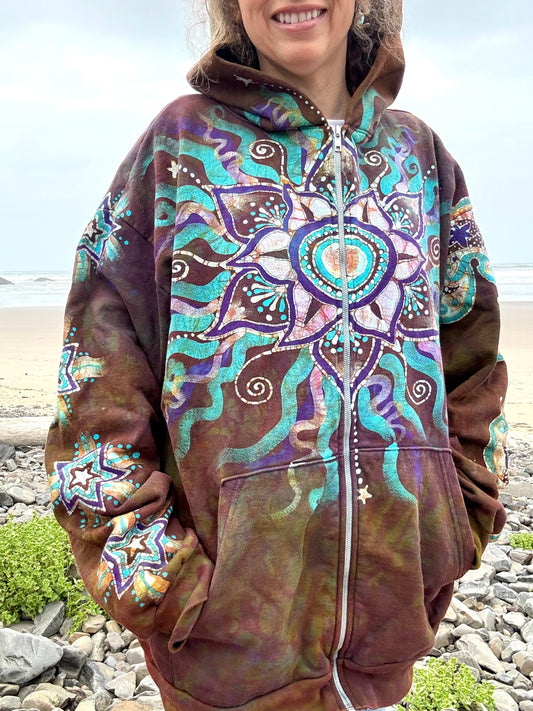 Dark Amber Sky Lotus Flower Handmade Batik Zipper Hoodie - Unisex Size 2X hoodie batikwalla 