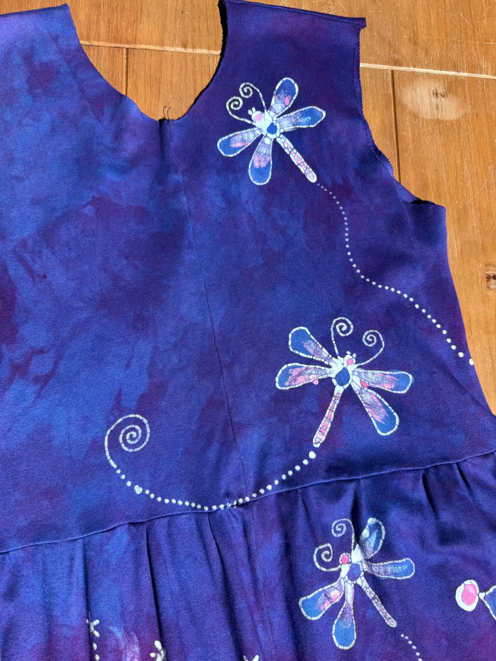 Rainbows and Dragonfly Purple Batik Dress with Pockets - Handmade in Size Large Batik Dresses Batikwalla 