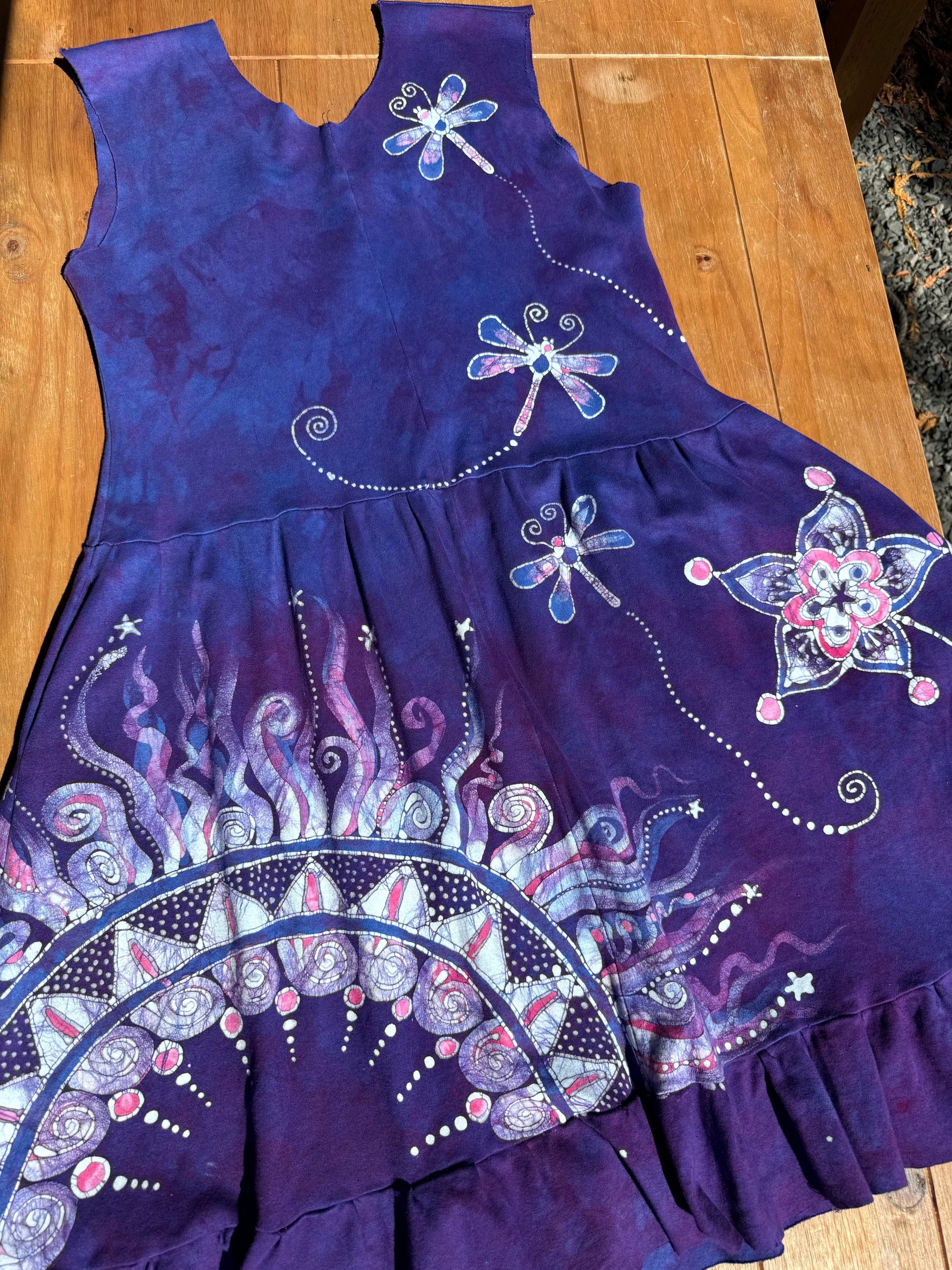 Rainbows and Dragonfly Purple Batik Dress with Pockets - Handmade in Size Large Batik Dresses Batikwalla 