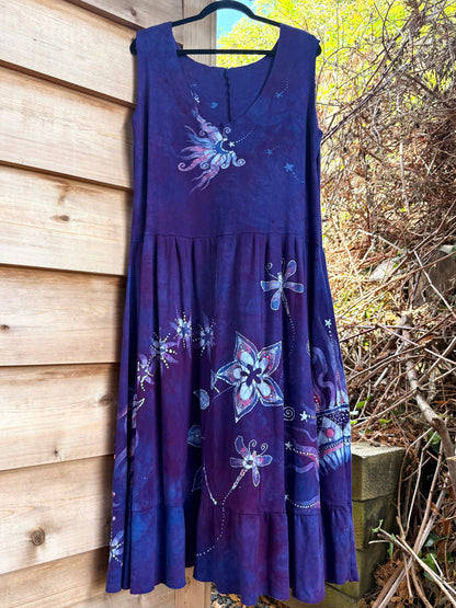 Rainbows and Dragonfly Purple Batik Dress With Pockets - Handmade in size XL Batik Dresses Batikwalla 