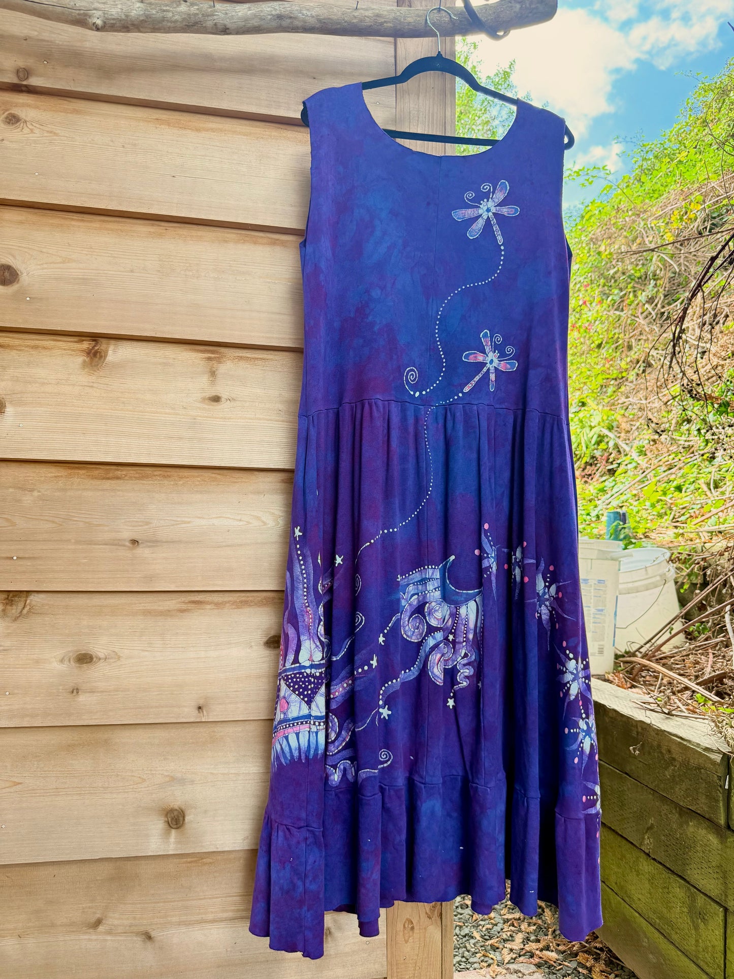 Rainbows and Dragonfly Purple Batik Dress With Pockets - Handmade in size XL Batik Dresses Batikwalla 