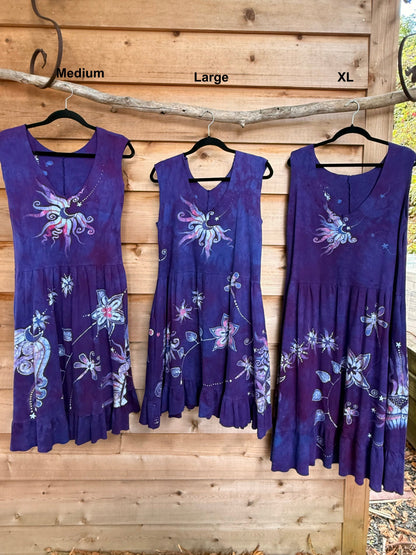 Rainbows and Dragonfly Purple Batik Dress - Handmade in Size Medium Batik Dresses Batikwalla 