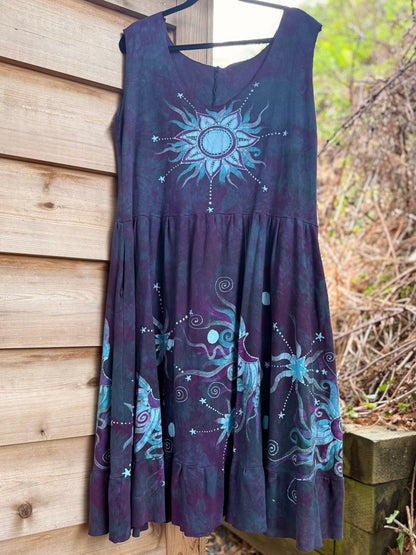 Galaxy Flower Handmade Purple Batik Dress With Pockets - Size XL Batik Dresses Batikwalla 