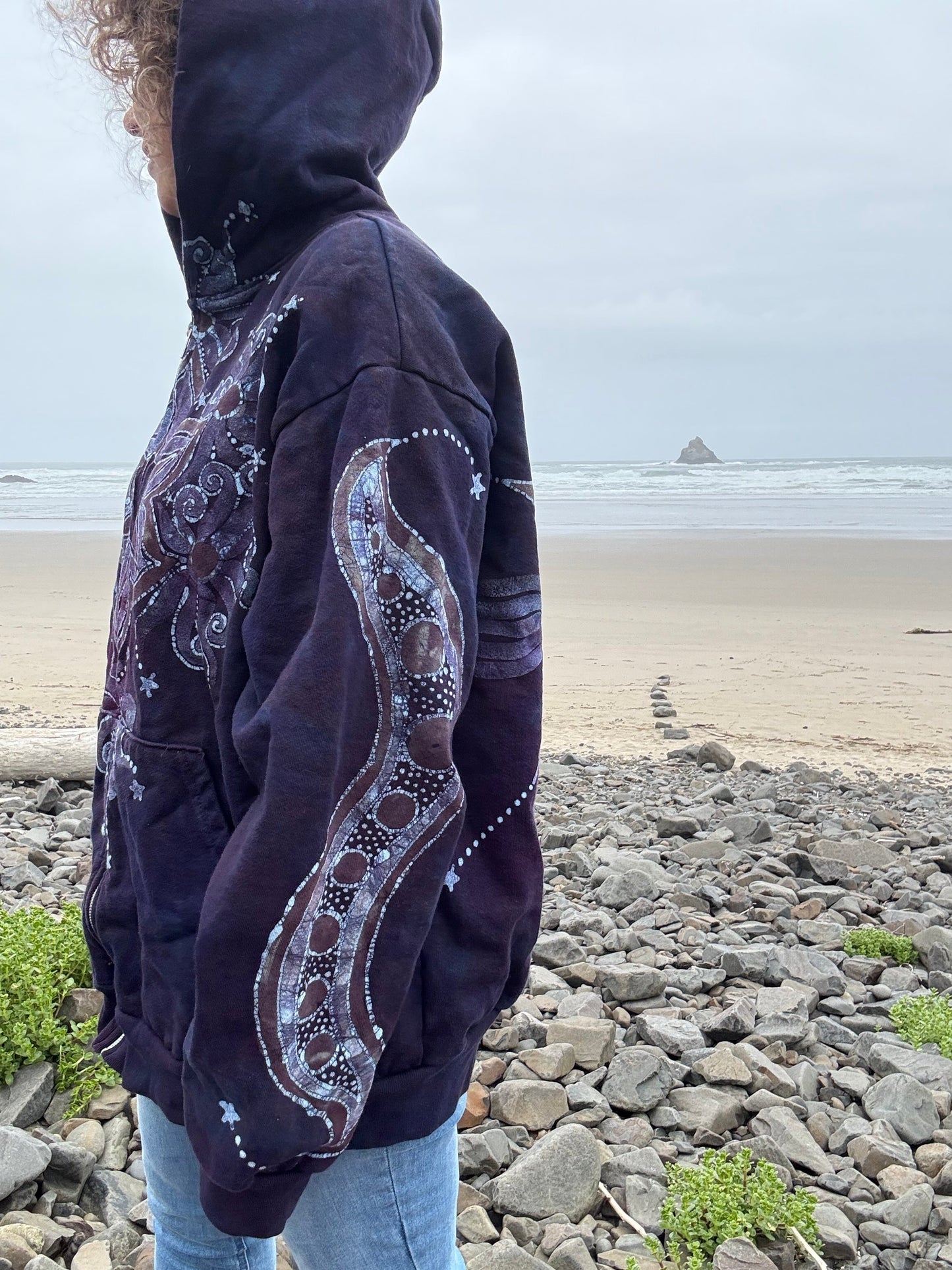 Midnight Moonlight Starflower Handcrafted Batik Zipper Hoodie - Unisex Size XL hoodie batikwalla 