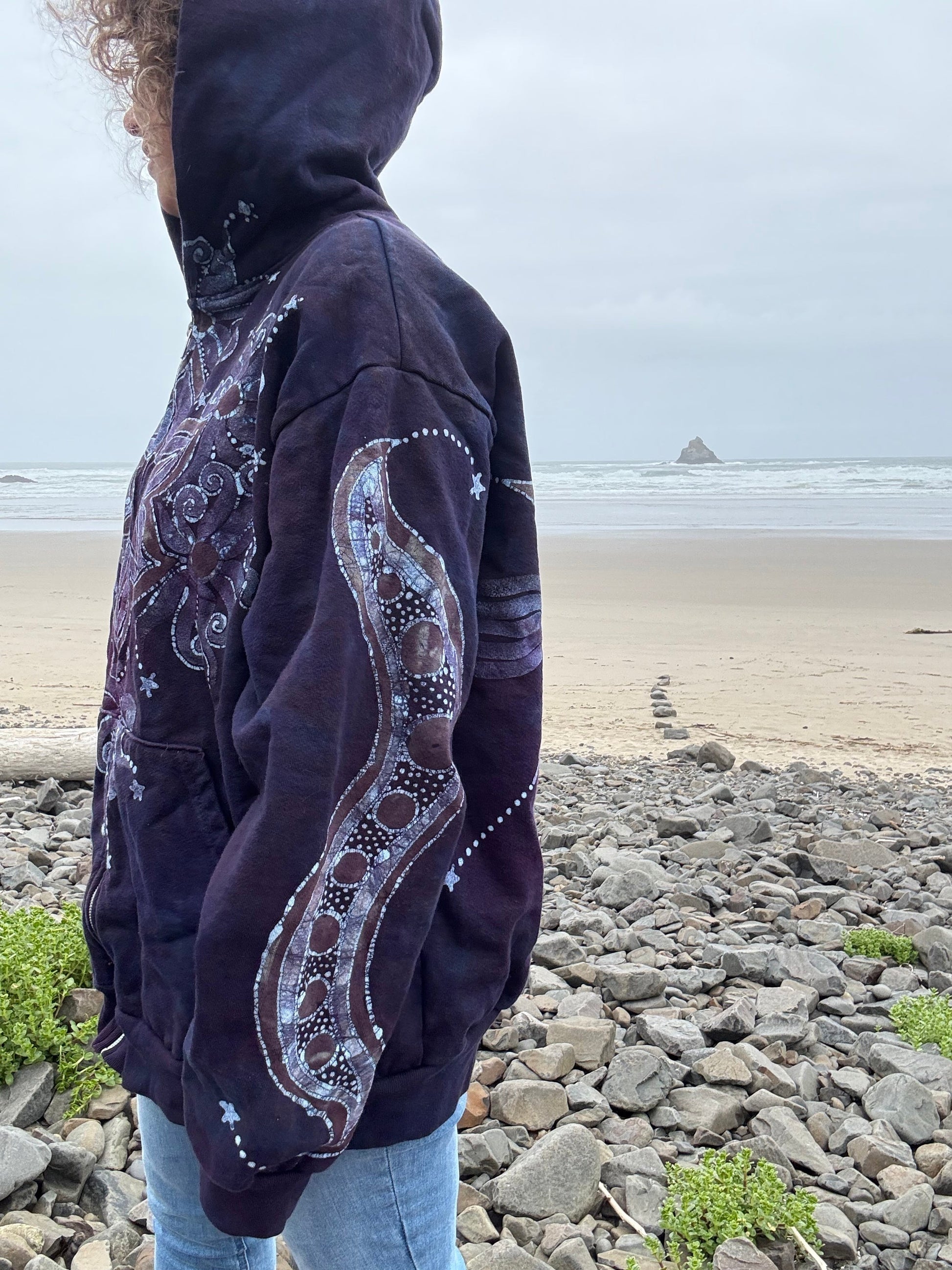 Midnight Moonlight Starflower Handcrafted Batik Zipper Hoodie - Unisex Size XL hoodie batikwalla 
