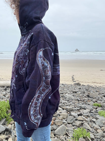Midnight Moonlight Starflower Handcrafted Batik Zipper Hoodie - Unisex Size XL hoodie batikwalla 