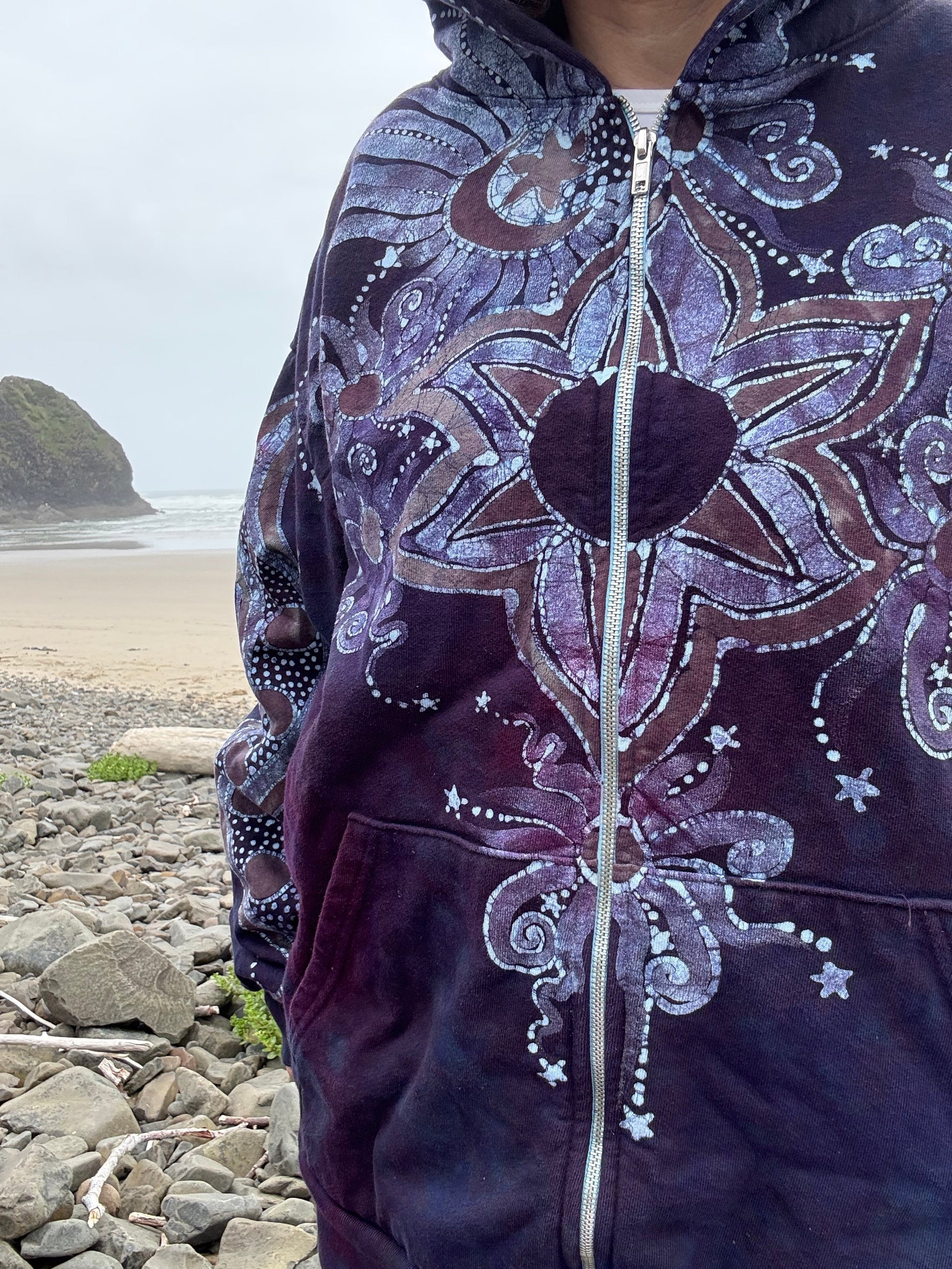 Midnight Moonlight Starflower Handcrafted Batik Zipper Hoodie - Unisex Size XL hoodie batikwalla 