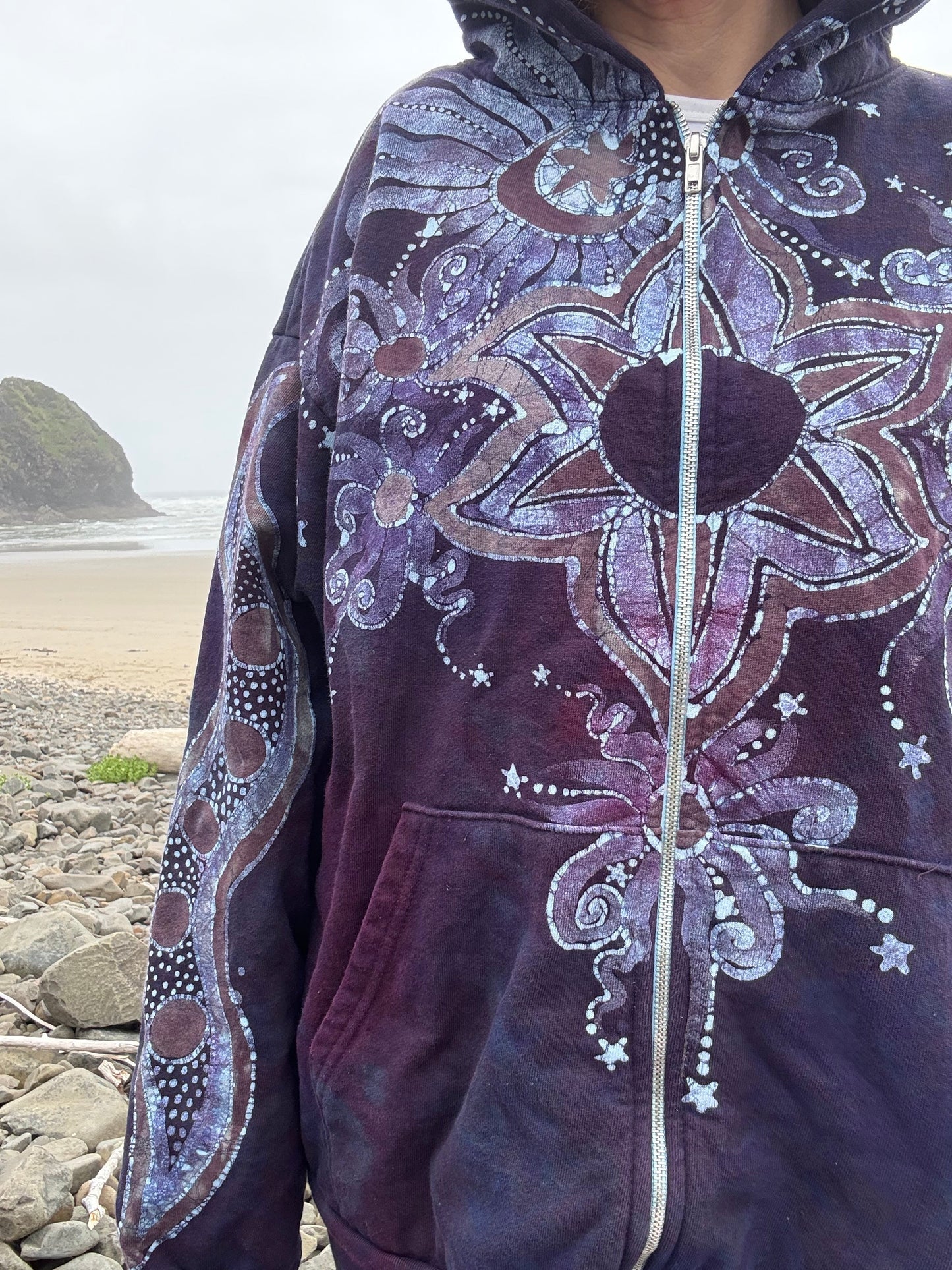 Midnight Moonlight Starflower Handcrafted Batik Zipper Hoodie - Unisex Size XL hoodie batikwalla 