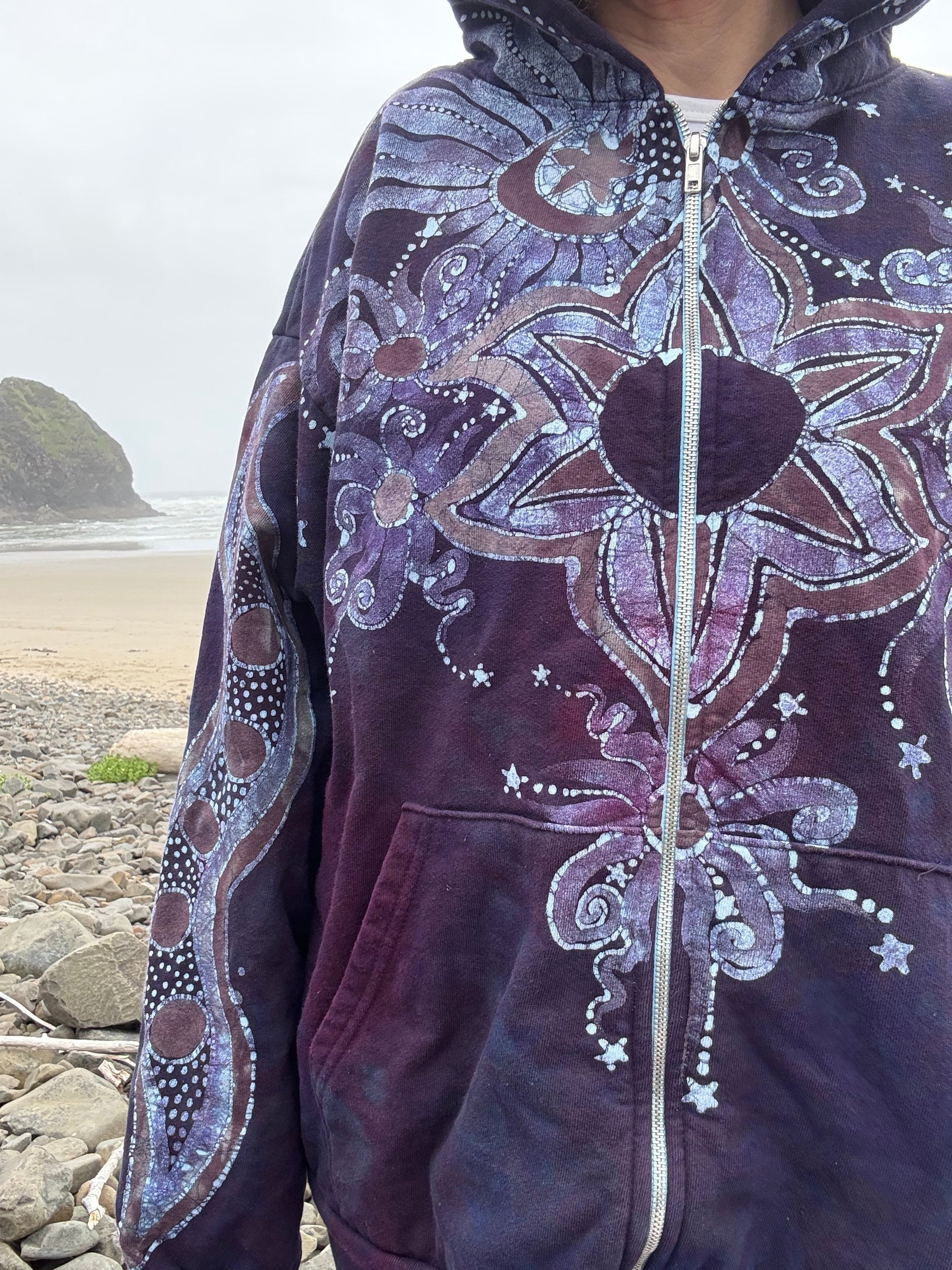 Midnight Moonlight Starflower Handcrafted Batik Zipper Hoodie - Unisex Size XL hoodie batikwalla 